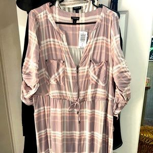 Torrid, Pink/Tan Plaid Challis Zip-Front Shirt Dress, Size 0, L, 12